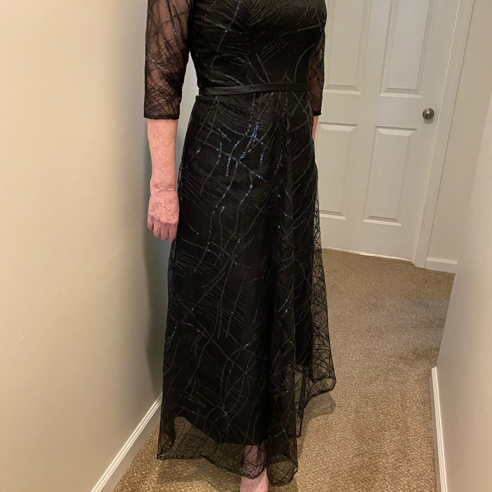Lan Ting A-Line Jewel Neck formal dress with sequins and satin trim